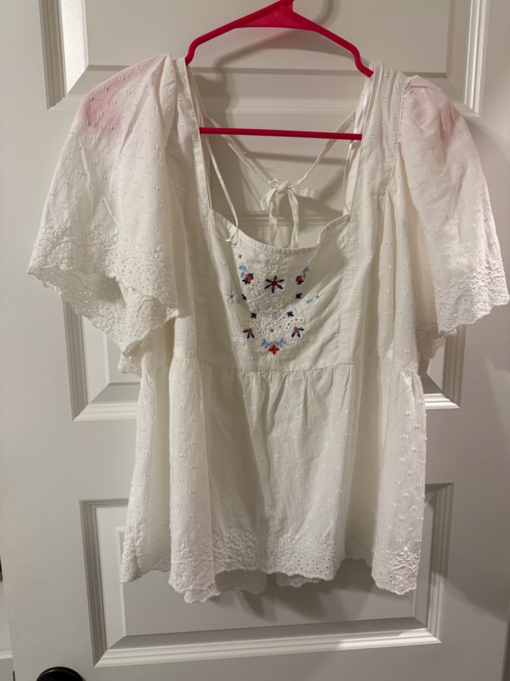 Old Navy White Eyelet Peasant Blouse with Multicolor Embroidery